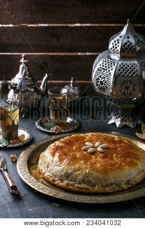 Moroccan Chicken Bastilla On Copper Plate, Close View.