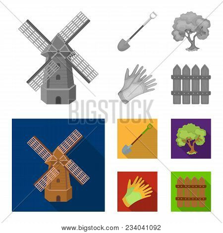 A Shovel With A Handle, A Tree In The Garden, Gloves For Working On A Farm, A Wooden Fence. Farm And
