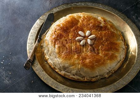 Chicken Bastilla, Moroccan Layered Pie, Top View Copyspace.