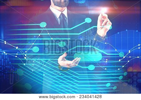 European Businessman On Abstract Circuit Background. Computing And Engineering Concept. Double Expos