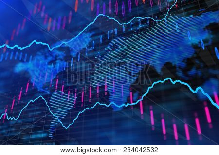 Blue Forex Background With Map And Lines. Investment, Trade And Finance Concept. 3d Rendernig