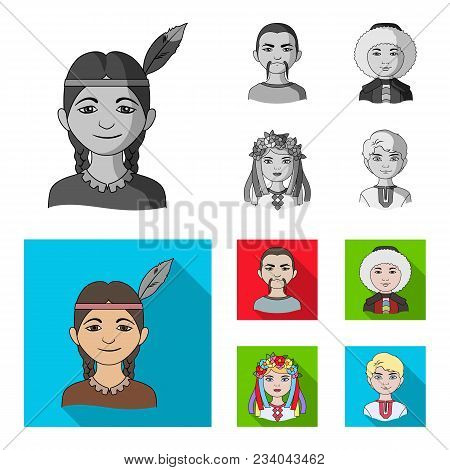 Chinese, Ukrainian, Russian, Eskimo. Human Race Set Collection Icons In Monochrome, Flat Style Vecto