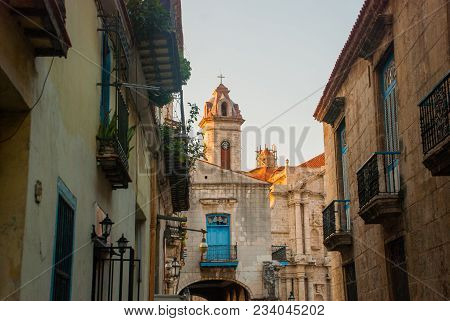 Cathedral Of St. Christopher In Old Havana On The Square Of Cienaga In The Evening. Havana. Cuba