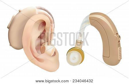 Hearing Aid Behind The Ear. Sound Amplifier For Patients With Hearing Loss. Treatment And Prosthetic