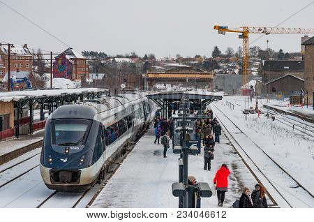 Naestved Denmark - March 1. 2018: Train At The Platform At Naestved Train Station In Denmark With Pe