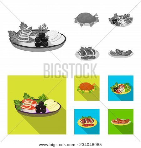 Fried Chicken, Vegetable Salad, Shish Kebab With Vegetables, Fried Sausages On A Plate. Food And Coo