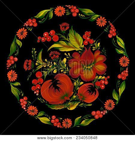 Round Floral Pattern. Traditional Ukrainian Painting Petrikovka (petrykivka).  Beautiful Red Flowers
