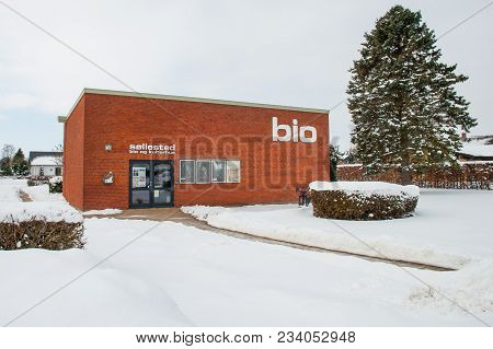 Sollested Denmark - March 3. 2018: Sollested Bio And Theater Building On A Winter Day