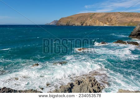 View Of Cliffs And Waves In Windy Day. Papafragas Beach, One Of The Most Impressive Sites Of Milos. 