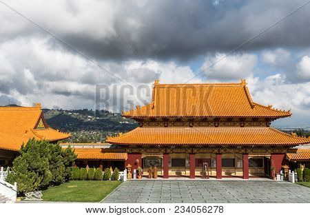 Hacienda Heights, Ca, Usa - March 23, 2018: Hall Of Bodhisattvas At Hsi Lai Buddhist Temple Under He