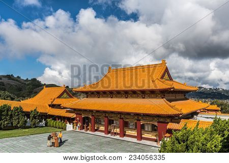 Hacienda Heights, Ca, Usa - March 23, 2018: Hall Of Bodhisattvas At Hsi Lai Buddhist Temple Under He