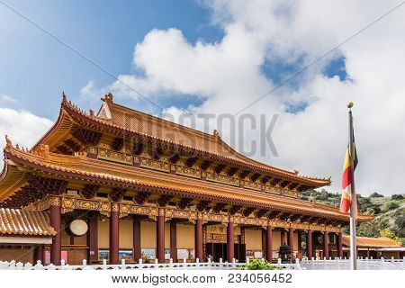 Hacienda Heights, Ca, Usa - March 23, 2018: Red Ochre Roof Structure On Top Of Main Shrine Of Hsi La