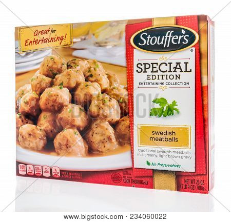 Winneconne, Wi -  30 March 2018: A Box Of Stouffers Swedish Meatballs Frozen Meal On An Isolated Bac