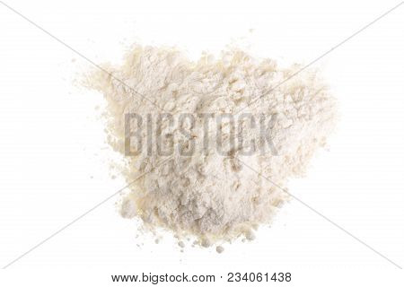 Pile Of Flour Isolated On White Background. Top View. Flat Lay.