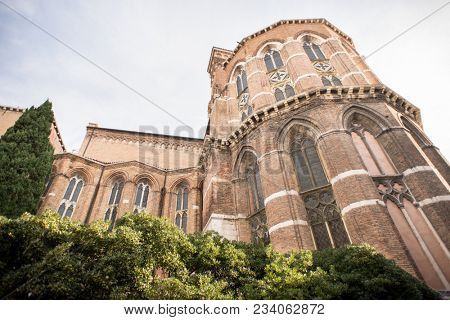 Facade of Basilica di Santa Maria Gloriosa dei Frari. Church in Venice, Italy.