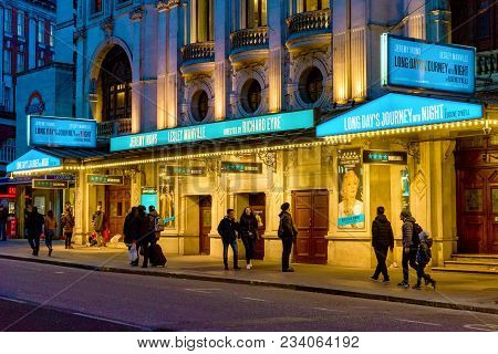 London, United Kingdom - March 26: Night View Of Wyndham Theatre, A Famous Theatre In Leicester Squa