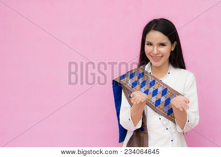 Portrait Beautiful Asian Girl In Traditional Thai Dress Isolated On Pink Background. 
Cotton Dress