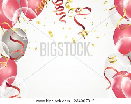 Balloons, Confetti Concept Design Background. Celebration Happy Birthday Vector Illustration. Transp