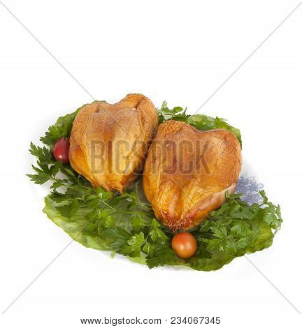 Smoked Chicken Breast On Lettuce Leaves.. Isolated On White Background.