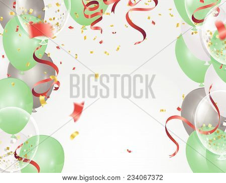 Balloons, Confetti Concept Design Background. Celebration Happy Birthday Vector Illustration. Transp