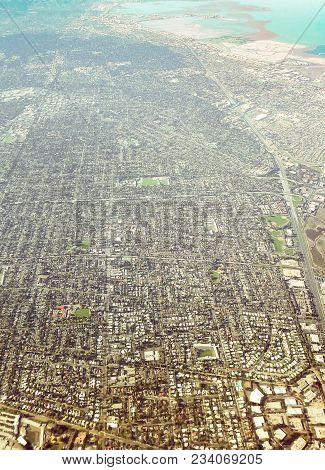 Haze Above San Francisco Bay Area Seen From The Plane. The City Of Palo Alto Is Right Below.