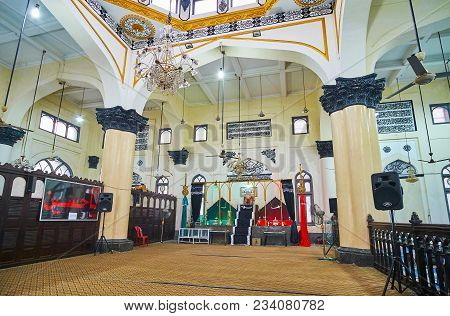 Yangon, Myanmar - February 14, 2018: Interior Of Persian Mogul Shiah Masjid With Huge Columns, Arabi