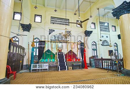 Yangon, Myanmar - February 14, 2018: The Prayer Hall Of Persian Mogul Shiah Masjid With A View On Mi