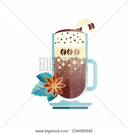 Original Illustration Of Tasty Coffee Drink With Candy Cane. Star Anise And Green Leaves. Transparen