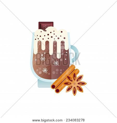 Grass Cup Of Chilled Coffee Drink With Whipped Milk Foam And Piece Of Chocolate On Top. Stick Of Cin