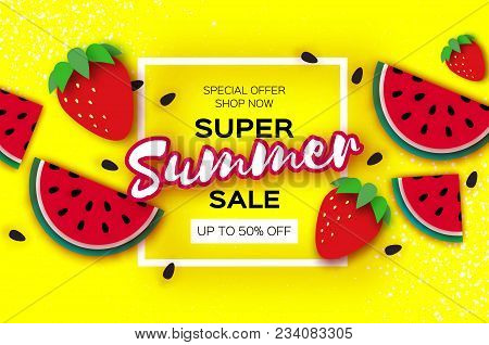 Watermelon And Strawberry Super Summer Sale Banner In Paper Cut Style. Origami Juicy Ripe Watermelon