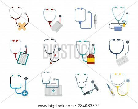 Phonendoscope Stethoscope Icons Set. Flat Illustration Of 12 Phonendoscope Stethoscope Vector Icons 
