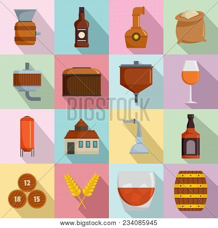 Whisky Bottle Glass Icons Set. Flat Illustration Of 16 Whisky Bottle Glass Vector Icons For Web