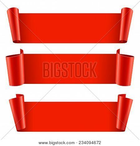 Ribbons Set. Realistic Red Glossy Paper Ribbon. Vector Illustration