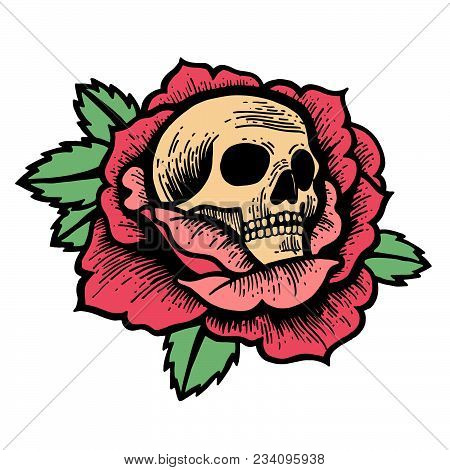 Old School Rose Tattoo With Skull. Traditional Black Dot Style Ink. Isolated Vector Illustration. Tr