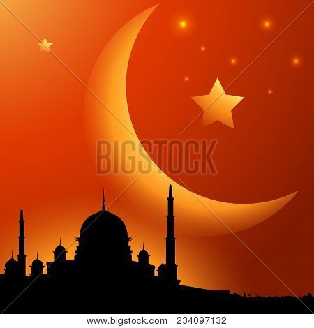 Mosque Sunset With Moon And Star, Islamic Background