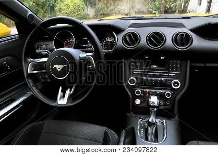 Cancun, Mexico - June 3, 2017: Interior Of The Sports Car Ford Mustang.