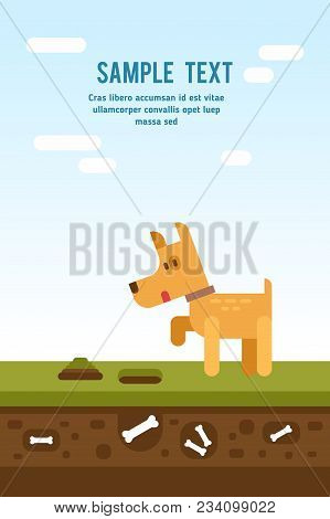 Cartoon Charachter Little Dog Looking For A Bone. Vector Flat Illustration