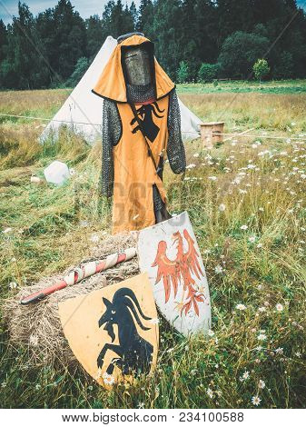 Ritter Weg, Russia, Morozovo, April 2017: Red Black Knights Shields With Family Coat Of Arms And Sca