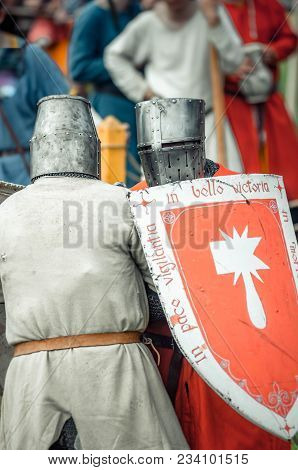 Ritter Weg, Russia, Morozovo, April 2017: Martial Duel Of Two Medieval Teutonic Warriors. Knights In