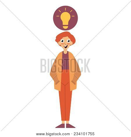 Idea Concept. Aha Moment. Happy Character Looking At The Camera. Young Smiling Nerd, Light Bulb Flat