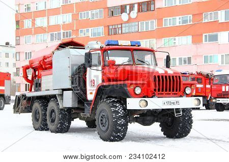 Novyy Urengoy, Russia - April 30, 2015: Fire Truck Ural 4320 In The City Street.