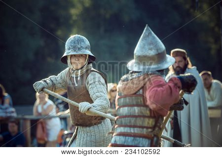 Ritter Weg, Russia, Morozovo, April 2017: Festival Of The European Middle Ages. Medieval Joust Knigh