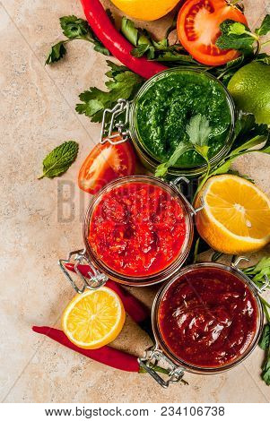 Indian Traditional Food, Set Of Three Chutney For Chaat And Sev Puri - Sweet Date-tamarind, Cilantro