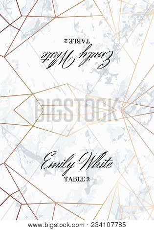 Place Card Template Geometric Design.two Sides. White Marble Background And Rose Gold Geometric Patt