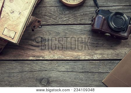 Travel And Vacation Items On Wooden Old Table. Top View
