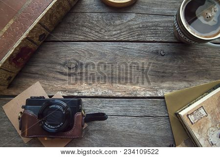 Travel And Vacation Items On Old Wooden Table. Top View
