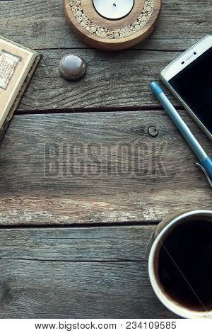 Travel And Vacation Items On Old Wooden Table. Top View