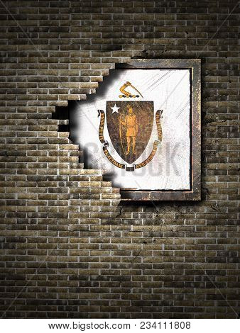 3d Rendering Of A Massachusetts State Flag Over A Rusty Metallic Plate Embedded On An Old Brick Wall
