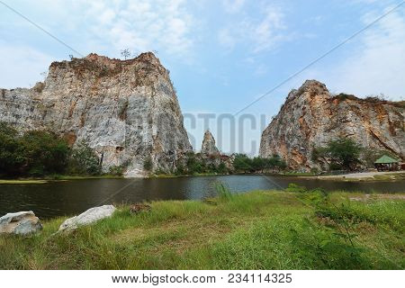 Scenic View Of Rocky Mountain Of Khao Ngu Stone Park , Ratchaburi , Thailand.