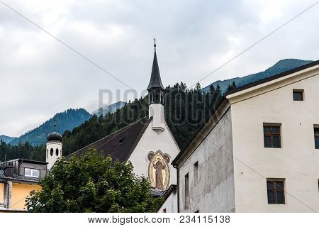 Schwaz, Austria - August 8, 2017:  Franziskanerkloster A Franciscan Church In The Picturesque Town O